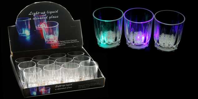12 LED Schnapsgläser Schnapsbecher mit blinkender LED Beleuchtung in drei bunten Farben