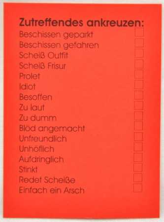 ARSCHKARTE zum Ankreuzen und Verteilen für jeden Anlass den passenden Spruch - Achtung Derb!