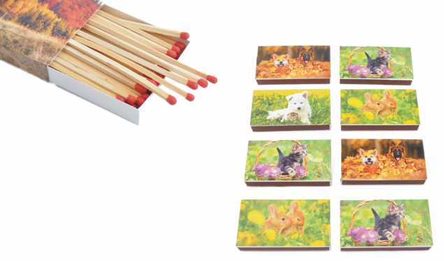 XL Streichholzschachteln Tier Motive: 8 x 50er Packungen / 10cm Hund/Katze / Hase Streichhölzer Zündhölzer