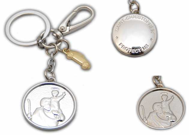 † St. Christophorus Metall Schlüsselanhänger Silber + goldenes Auto mit Karabinerhaken,ca. 4 cm †