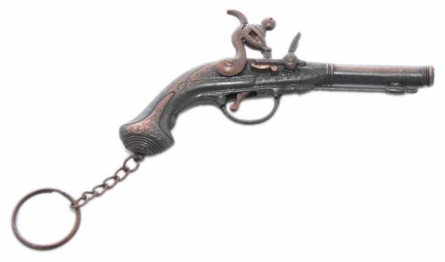 Piraten Revolver lang bronze funktionsfähig WAFFE Schlüsselanhänger Metall Anhänger