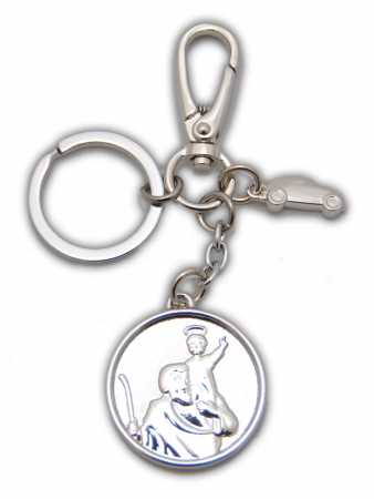 † St. Christophorus Metall Schlüsselanhänger + Silber glänzendes Auto mit Karabinerhaken,ca. 4 cm †