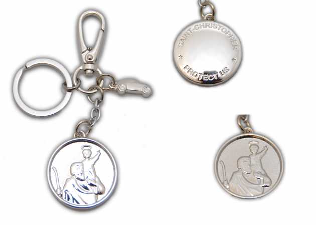 † St. Christophorus Metall Schlüsselanhänger + Silber glänzendes Auto mit Karabinerhaken,ca. 4 cm †