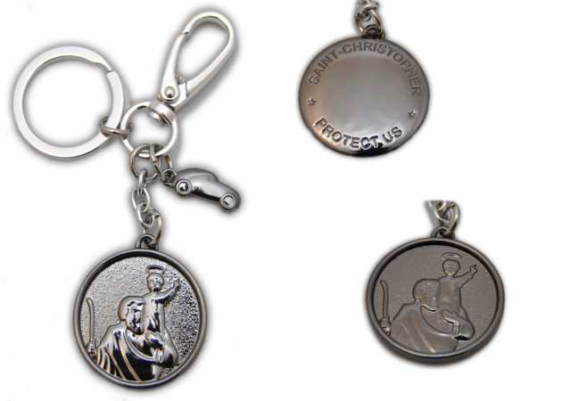 † St. Christophorus Metall Schlüsselanhänger schwarz glänzend + Auto mit Karabinerhaken,ca. 4 cm †