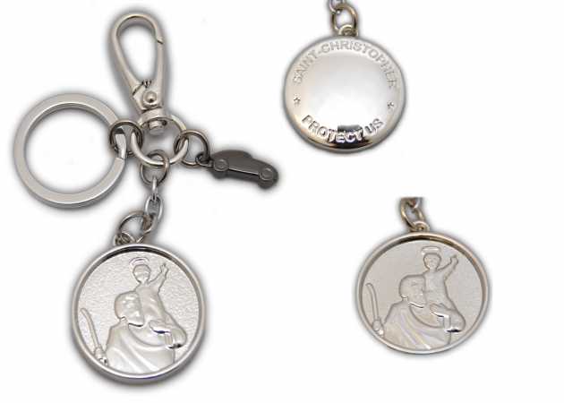 † St. Christophorus Metall Schlüsselanhänger Silber glänzend + schwarzes Auto mit Karabinerhaken,ca. 4 cm †