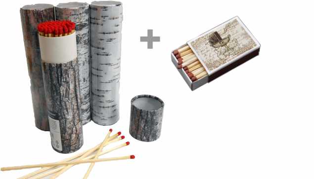 4 x 75er Rund-Packungen XXL Kaminstreichhölzer, 20cm, Verpackung im Baumrindendesign + 1 x Schachtel Nostalgie Streichhölzer Zündhölzer