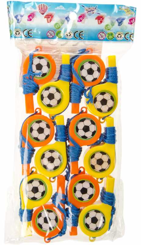 120 Trillerpfeifen orange und gelb mit blauem Umhängeband, beidseitig mit Fussballsticker beklebt