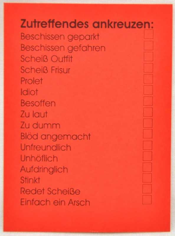 ARSCHKARTE zum Ankreuzen und Verteilen für jeden Anlass den passenden Spruch - Achtung Derb!