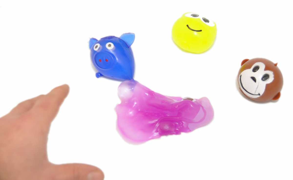 Quetsch Tiere KLATSCH Slime 4 Stück / Affe Schwein gefüllt mit Wasser
