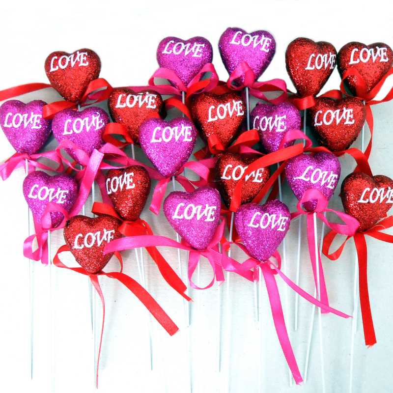 20x Glitzerherz am Stiel Glitterherz mit Draht "LOVE" lila und rot