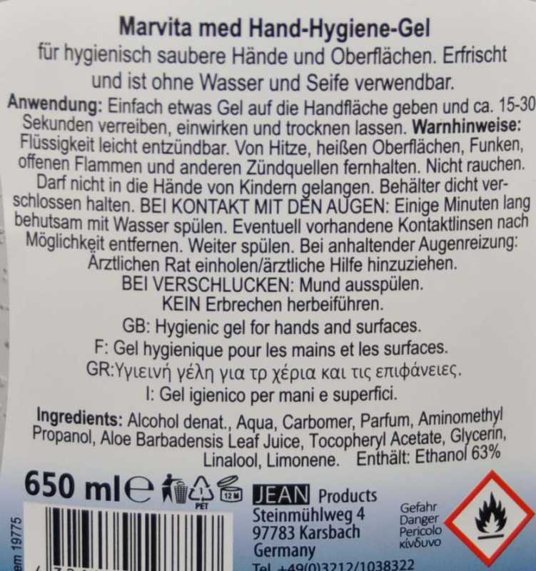650 ML Marvita med Hand Hygiene Gel 63% Ethanol antibakteriell Tisch Spender (EUR 19,92 / L)