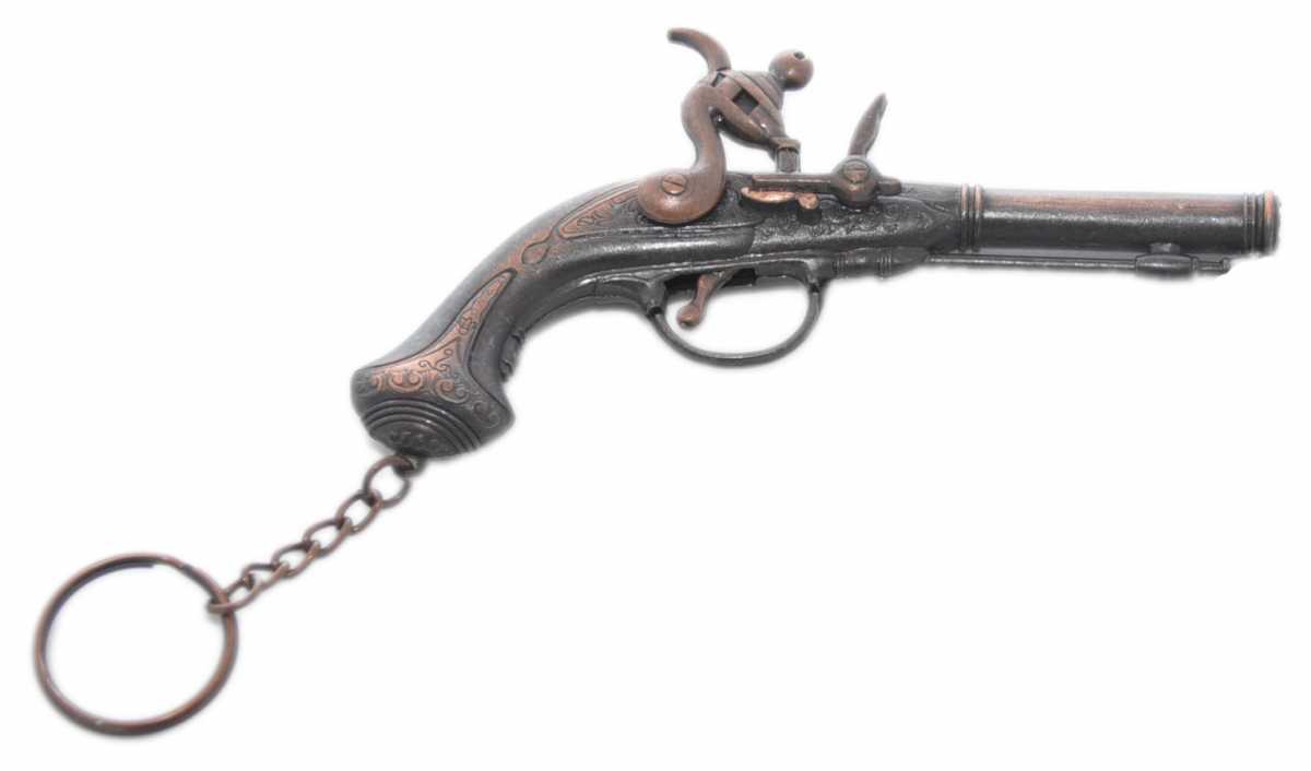 Piraten Revolver lang bronze funktionsfähig WAFFE Schlüsselanhänger Metall Anhänger