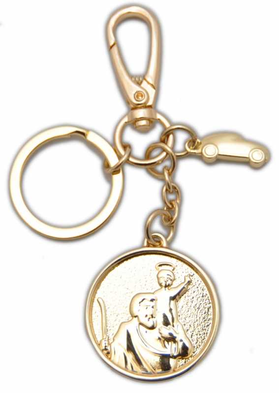 † St. Christophorus Metall Schlüsselanhänger Gold/glänzend + Auto mit Karabinerhaken,ca. 4 cm †