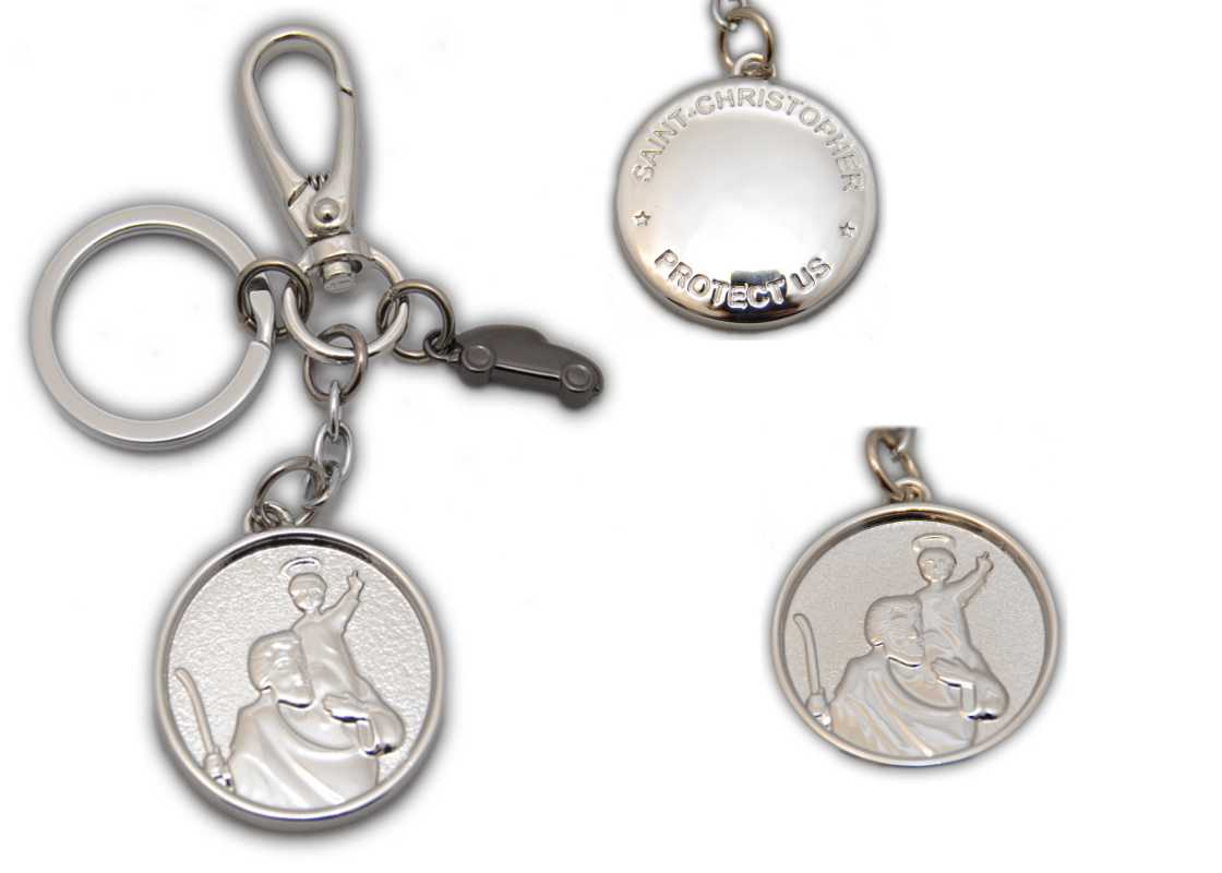 † St. Christophorus Metall Schlüsselanhänger Silber glänzend + schwarzes Auto mit Karabinerhaken,ca. 4 cm †
