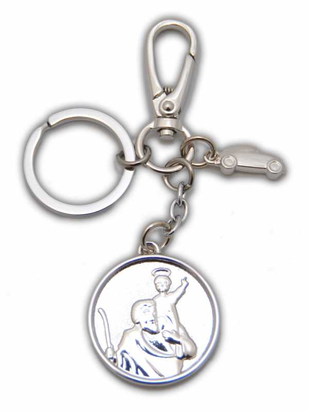 † St. Christophorus Metall Schlüsselanhänger + Silber glänzendes Auto mit Karabinerhaken,ca. 4 cm †
