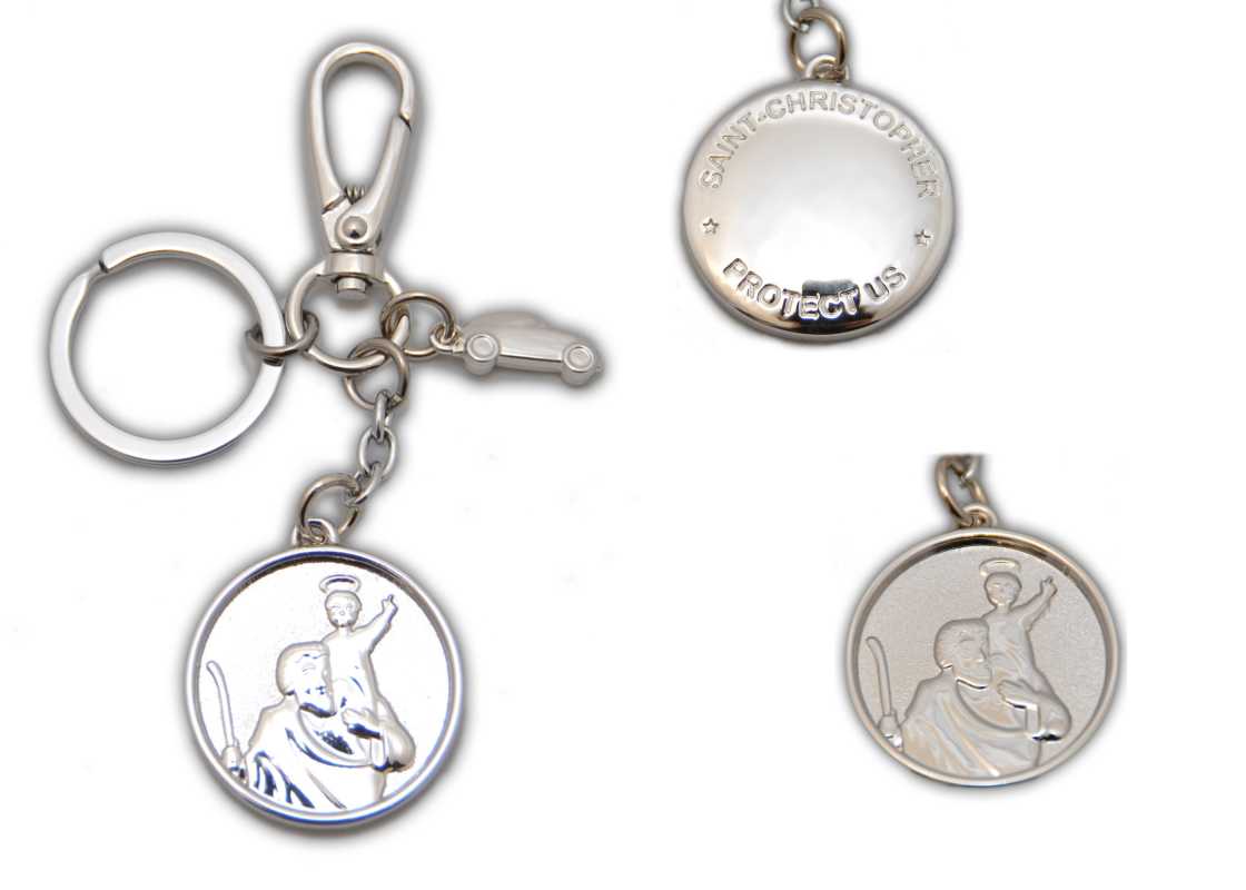 † St. Christophorus Metall Schlüsselanhänger + Silber glänzendes Auto mit Karabinerhaken,ca. 4 cm †