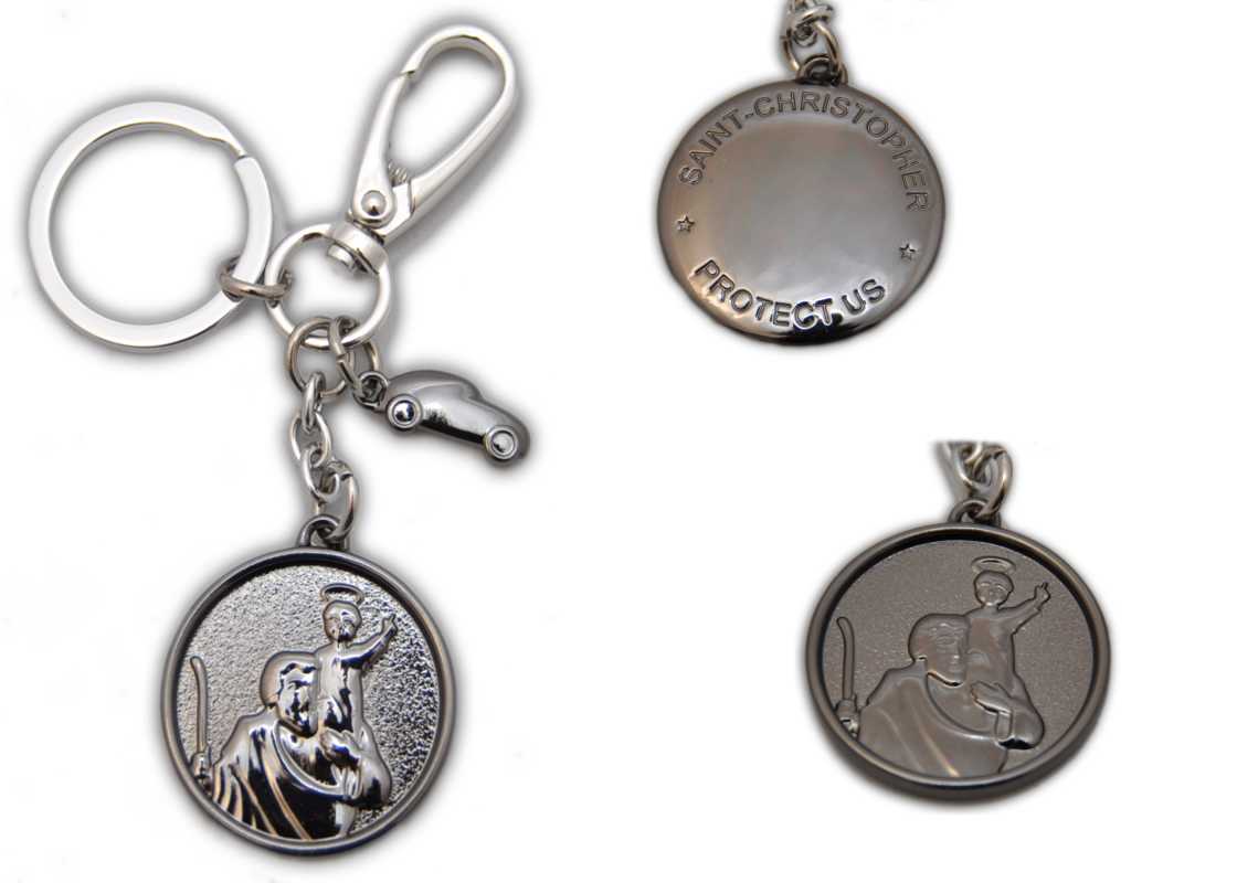 † St. Christophorus Metall Schlüsselanhänger schwarz glänzend + Auto mit Karabinerhaken,ca. 4 cm †