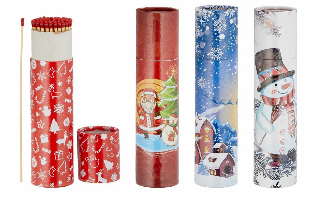 4 x 75er Rund-Packungen XXL Weihnachten Kaminstreichhölzer, 20cm Schneemann/Nikolaus Motive